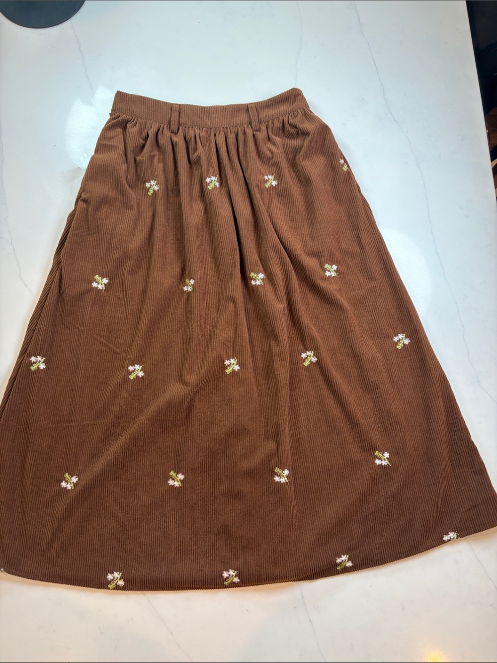 Brown Corduroy Midi Skirt with Embroidered Florals